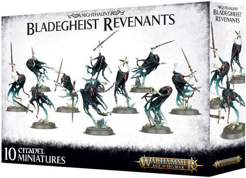 Warhammer Age of Sigmar: Nighthaunt - Bladegheist Revenants features 10 ghostly, armored miniatures wielding swords in dynamic floating poses, perfect for your Soul Wars collection.