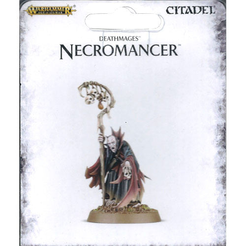 A painted Warhammer plastic miniature depicting a hooded necromancer wielding a skull-topped staff, mounted on a 32mm round base. The packaging displays “Warhammer Age of Sigmar: Soulblight Gravelords Necromancer” at the top and is produced by Games Workshop.