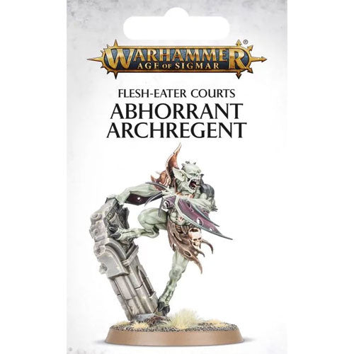 Box art for Warhammer Age of Sigmar: Flesh-Eater Courts Abhorrant Archregent shows a pale, monstrous miniature with wings, armor, and a shield, standing on a ruined pillar. This plastic kit is by Games Workshop.