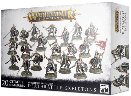Warhammer Age of Sigmar: Soulblight Gravelords - Deathrattle Skeletons (Legacy Kit) box by Games Workshop features 20 skeleton warrior miniatures, ideal for assembly and painting enthusiasts.