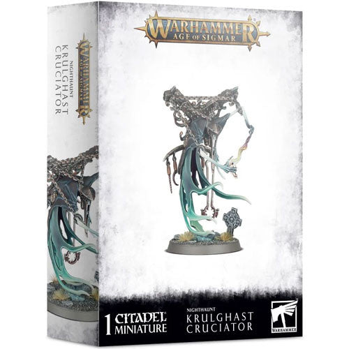 The Warhammer Age of Sigmar: Nighthaunt - Krulghast Cruciator kit shows a painted ghostly figure in chains on the box, with Citadel Miniatures branding visible.
