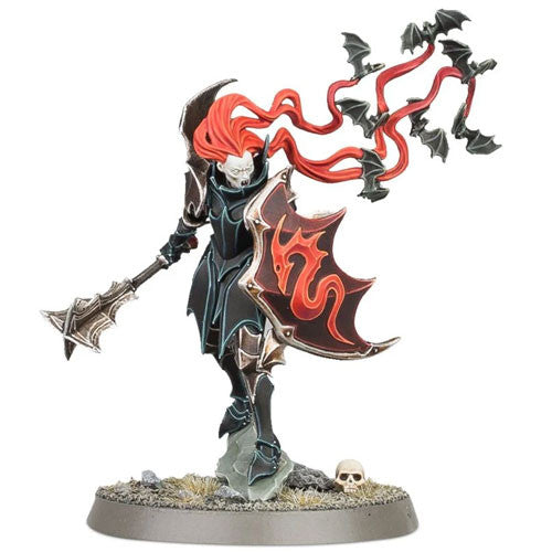 The Warhammer Age of Sigmar: Soulblight Gravelords Vampire Lord is a fantasy miniature with red hair, black armor, mace, shield, and bats.