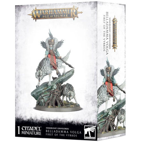 The Warhammer Age of Sigmar: Soulblight Gravelords - Belladamma Volga kit shows Belladamma on a wolf with two wolves and box art.