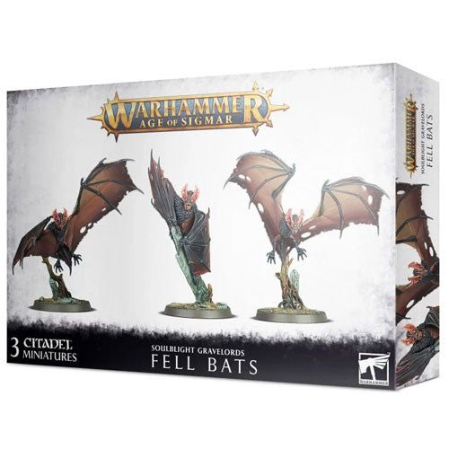A box of Warhammer Age of Sigmar: Soulblight Gravelords - Fell Bats includes three assembled and painted bat-like miniatures with large wings and skeletal features.