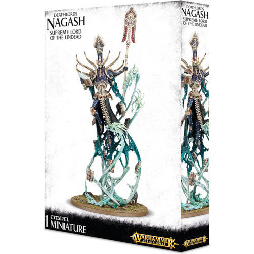 Box for Warhammer Age of Sigmar: Deathlords - Nagash, Supreme Lord of the Undead by Games Workshop, showing Nagash in ornate armor with swirling spirits. Official branding and logos are displayed on the packaging.