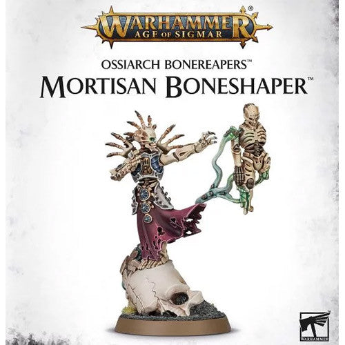 The Warhammer Age of Sigmar: Ossiarch Bonereapers Mortisan Boneshaper is a plastic miniature with ornate armor and a flowing red robe.