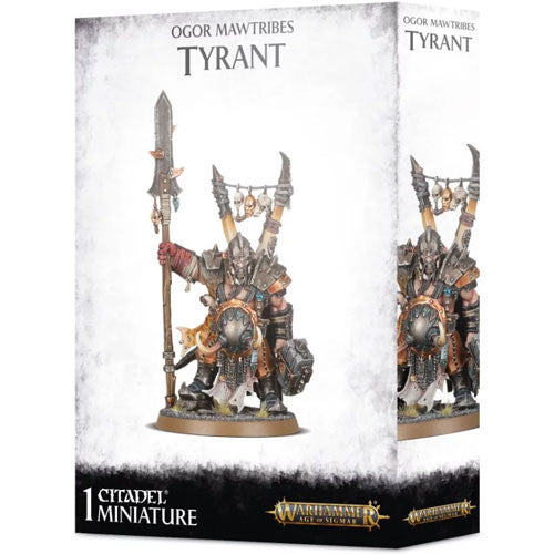Box of Warhammer Age of Sigmar: Ogor Mawtribes - Tyrant, featuring a painted ogre miniature in armor wielding a large spear and adorned with trophies. This Games Workshop set includes plastic components to assemble your own detailed miniature, with Citadel Miniature branding at the bottom.
