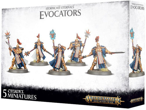 The Warhammer Age of Sigmar: Stormcast Eternals - Evocators box set includes five detailed miniatures in blue and gold armor with weapons and staves.