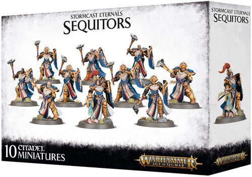 A box of Warhammer Age of Sigmar: Stormcast Eternals Sequitors by Games Workshop with 10 gold and blue armored miniatures.