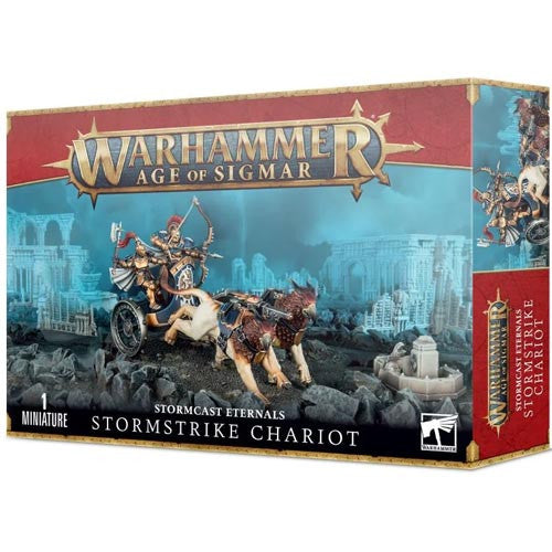 Warhammer Age of Sigmar: Stormcast Eternals - Stormstrike Chariot shows armored warriors on a chariot pulled by two white beasts in a ruined city.