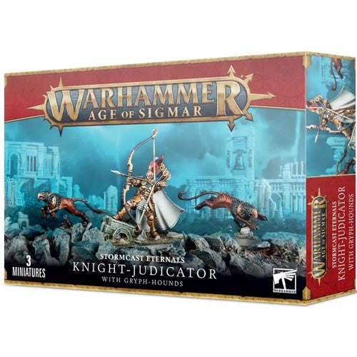 Box of Warhammer Age of Sigmar: Stormcast Eternals - Knight-Judicator with Gryph-hounds miniatures from Games Workshop, featuring a detailed knight figure and two Gryph-hound companions on the box art set against a fantasy landscape.