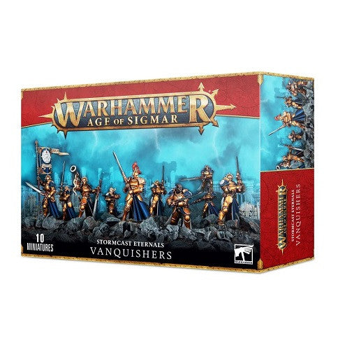 Box of Warhammer Age of Sigmar: Stormcast Eternals - Vanquishers. The packaging features artwork depicting 10 gold-armored Stormcast Eternals wielding weapons, standing on rocky terrain beneath a blue sky, with prominent Warhammer Age of Sigmar branding.