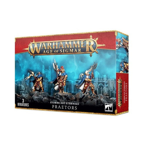 Warhammer Age of Sigmar: Stormcast Eternals - Praetors features three armored warriors with weapons on a vivid blue background.