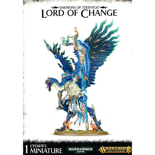 A painted miniature of a blue, bird-like creature with large wings and multiple arms, labeled "Warhammer 40k/Age of Sigmar: Daemons of Tzeentch - Lord of Change," fits a Citadel 100mm Round base and features the Citadel Miniature logo.