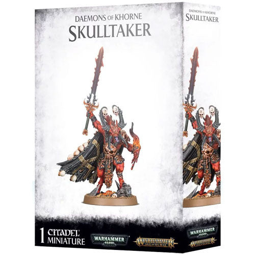 Box of Warhammer 40k/Age of Sigmar: Daemons of Khorne – Skulltaker miniature, featuring a red-armored demon wielding a massive sword and adorned with skulls, posed on a detailed scenic base; Warhammer, Games Workshop, and Citadel logos clearly displayed—an essential addition for any miniatures enthusiast. Blood for the Blood God!.