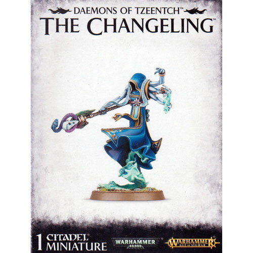 A painted Warhammer 40k/Age of Sigmar Daemons of Tzeentch Changeling on 40mm base with blue-green magic; branded box shown.