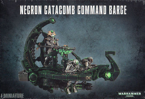 Box art for Warhammer 40k: Necron Catacomb Command Barge/Annihilation Barge showing a black and green hovercraft with robotic Necrons on a dark, textured background.