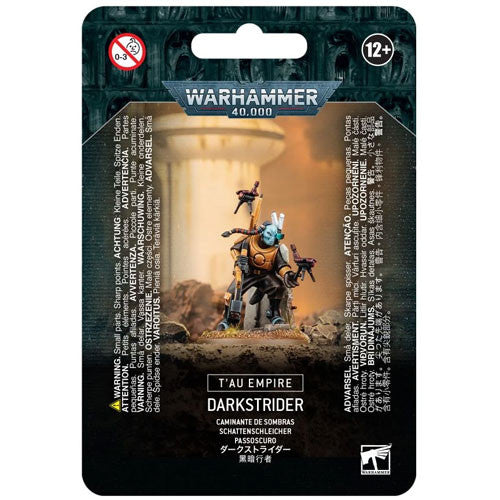 A Warhammer 40k: Tau Empire - Darkstrider miniature is shown in its packaging, with a painted model, bilingual text, black color scheme, futuristic accents, and bold branding.