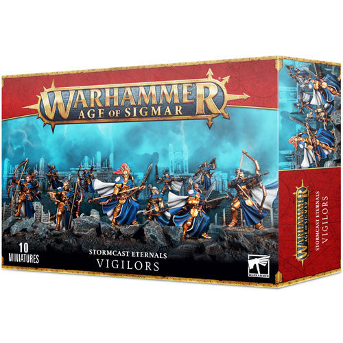 A Warhammer Age of Sigmar: Stormcast Eternals - Vigilors box showcasing painted miniatures clad in blue and gold armor, equipped with bows and shields, displayed against a dramatic stormy blue battlefield backdrop.