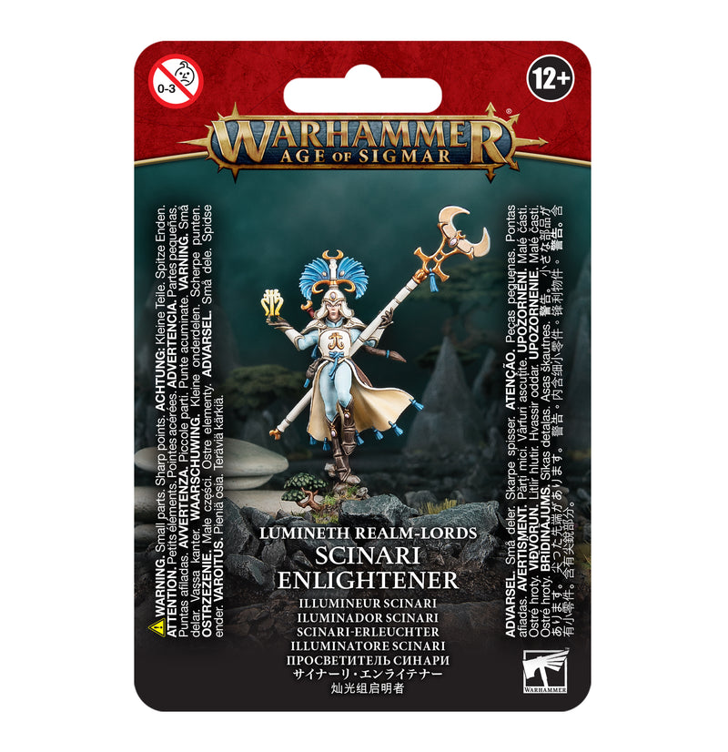 The Warhammer Age of Sigmar: Lumineth Realm-Lords - Scinari Enlightener includes plastic parts and a 32mm round base. Box shows the painted model with info and warnings. Ages 12+.