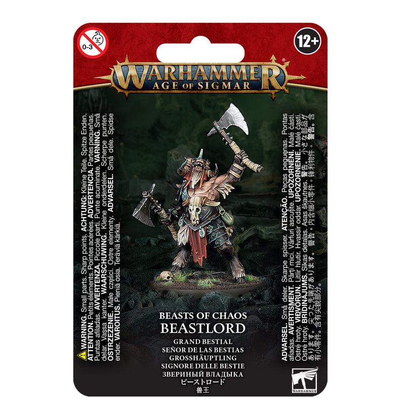 The image shows Warhammer Age of Sigmar: Beasts of Chaos - Beastlord packaging with Beastlord, warnings, and brand logos.