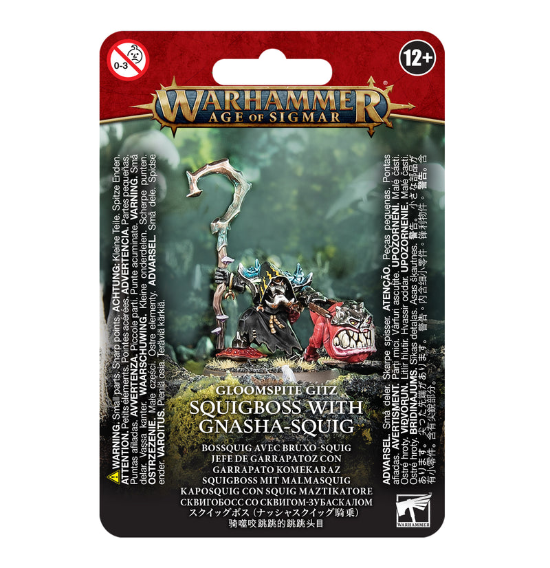 Warhammer Age of Sigmar: Gloomspite Gitz Squigboss with Gnasha-Squig includes a Citadel 32mm base. Goblin rides red squig.