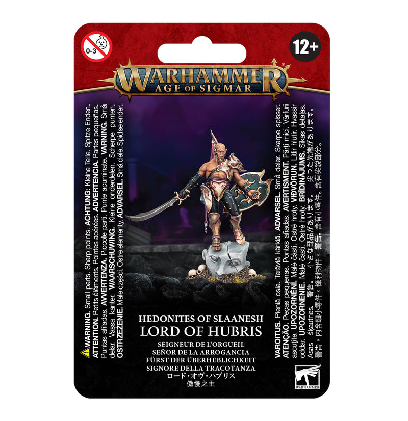 The Warhammer Age of Sigmar: Hedonites of Slaanesh - Lord of Hubris miniature with multilingual product info and warnings.