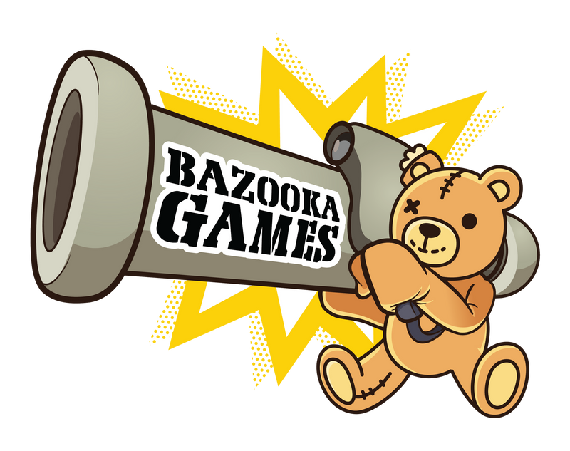 A cartoon teddy bear with stitched patches wields a bazooka labeled "Bazooka Games" on a yellow explosion, highlighting Store Credit (Change Price) for trading in used games or making new purchases.