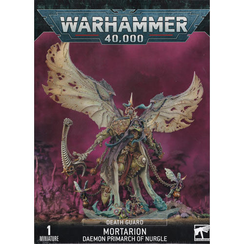 Box art for Warhammer 40k: Death Guard Daemon Primarch Mortarion shows Mortarion in ornate armor with a scythe, wings, and logos.